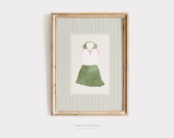 Sage Green Pink Tennis Outfit Nursery Playroom Sport Wall Art, Country Club Girl Room Decor, Preppy Green Pink Print, Vintage Sport Prints