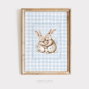 Cute Dad, Mom and Baby Nursery Wall Art, Printable Vintage Boy&#39;s Room Decor, Soft Blue Gingham Print, Farmhouse Rabbit Family Poster for Boy