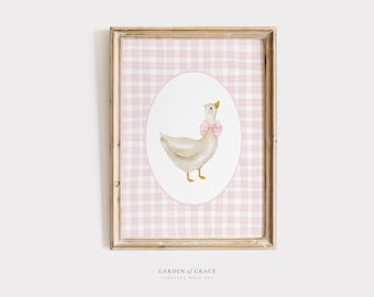 Silly Goose Nursery Wall Art | Farmhouse Girl's Room Decor | Duck Gingham Animal Print | Soft Pink Poster | Vintage Cute Goose Illustration