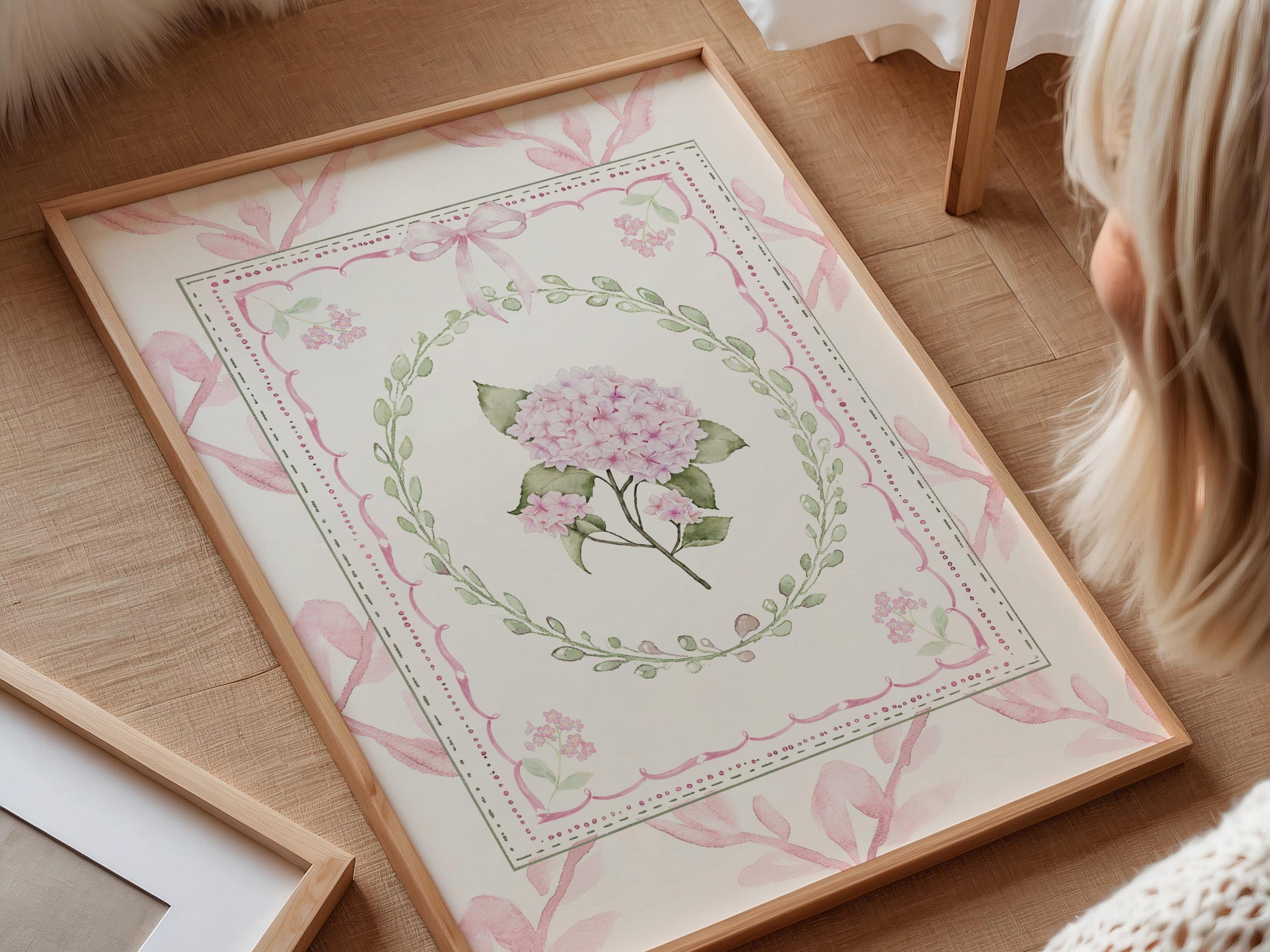 Pink Hydrangea Nursery Wall Art Set of 2, Pink and Green Chinoiserie ...
