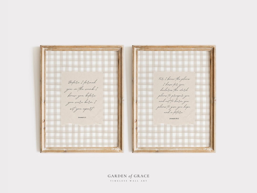 Jeremiah 1:5 and 29 11 Wall Art Set of 2 | Vintage Scripture Kid's Room Art Print | Bible Verse Farmhouse Nursery Decor | Christian Gingham
