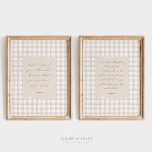 May include: Two framed prints with beige and white gingham backgrounds. The prints feature inspirational quotes from the Bible: "Before I formed you in the womb I knew you" and "For I know the plans I have for you...plans to give you hope and a future."