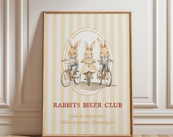 Bunnies on Bikes kinderkamer muurkunst print in geel | Kinderkamerdecoratie konijn | Poster Fietskonijntje | Afdrukbare vintage peuterillustratie