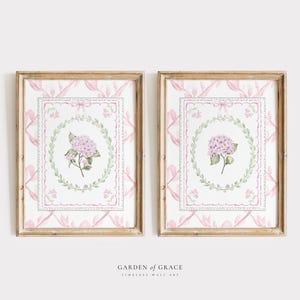 Pink Hydrangea Nursery Wall Art Set of 2, Pink and Green Chinoiserie Kid&#39;s Decor, Floral Watercolor Grandmillennial Prints, East Coast Print
