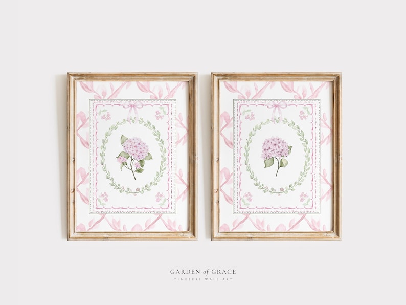 Pink Hydrangea Nursery Wall Art Set of 2, Pink and Green Chinoiserie ...