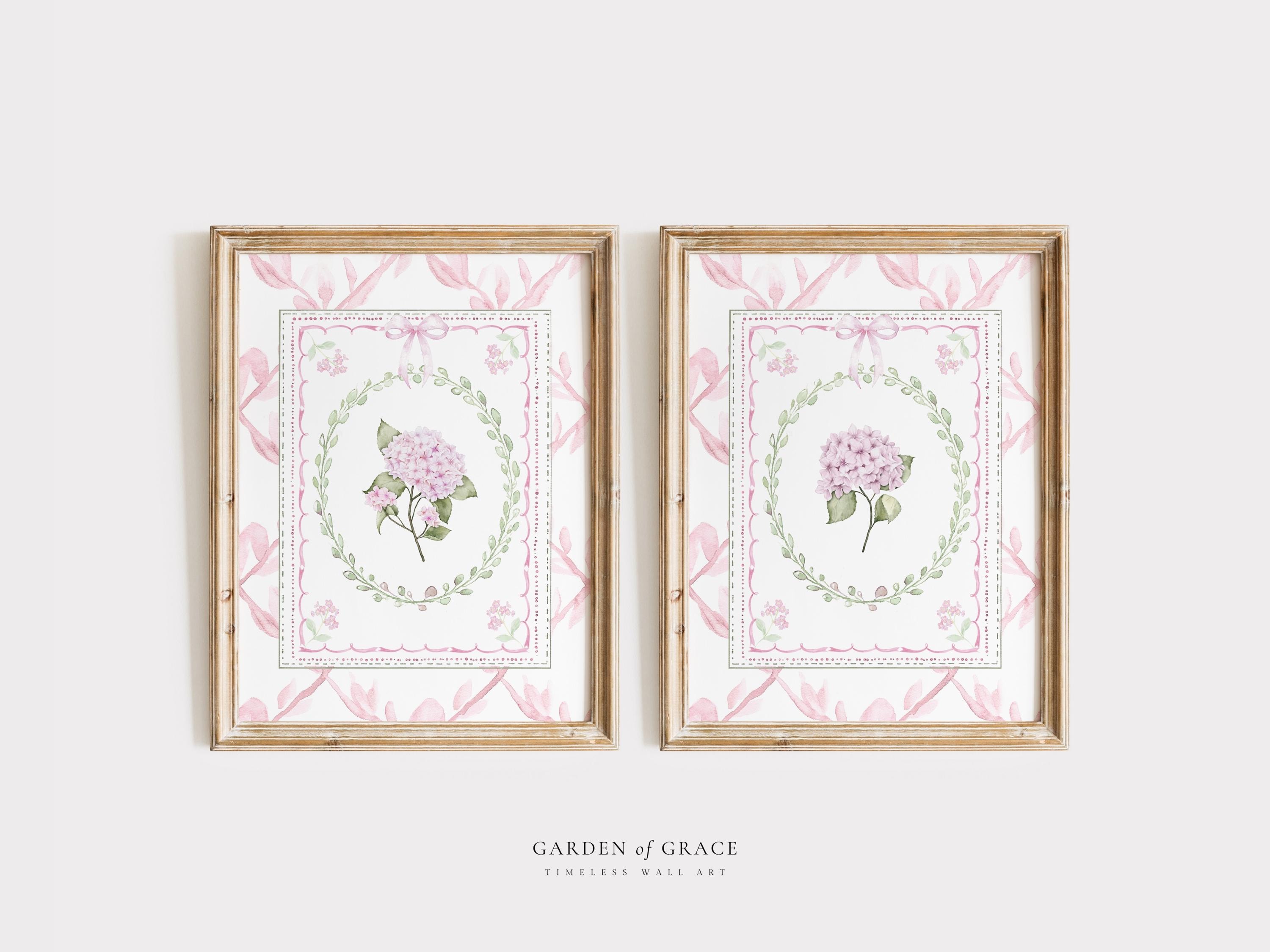 Pink Hydrangea Nursery Wall Art Set of 2, Pink and Green Chinoiserie ...