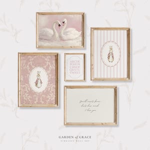 Vintage Pink Nursery Gallery Wall Art Set of 5, Antique Nursery Art, Farmhouse Girl&#39;s Playroom, Pastel Cottagecore Print | DIGITAL DOWNLOAD