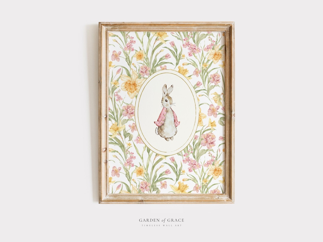 Vintage Floral Bunny Nursery Wall Art, Storybook Rabbit Baby Girl Room ...