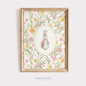 Wunderschönes Kaninchen Kinderzimmer Wandbild Niedliches Potter Girl&#39;s Zimmer Dekor, Rosa und Gelb antik Style Print | Vintage Hase Poster, Geschenk zur Geburt