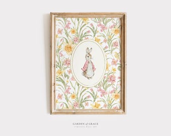 Decorazione murale vintage con coniglietto floreale per la cameretta, coniglietto fiabesco per la stanza della bambina, stampa floreale in stile cottagecore