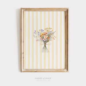 Arte de pared con flores silvestres en amarillo para habitación de bebé / Decoración de habitación de niña estilo granja / Estampado de rayas amarillas / Póster de verano infinito / Ilustración floral