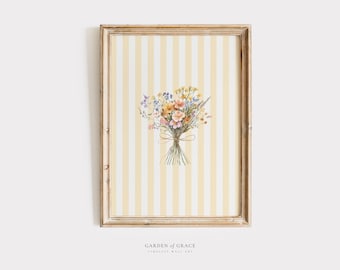 Wildflowers on Yellow Nursery Wall Art | Farmhouse Girl&#39;s Room Decor | Yellow Striped Print | Endless Summer Poster | Floral Illustration