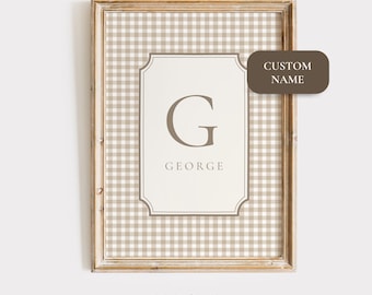 Custom Name and Initial Wall Art Print for Nursery, Beige and Brown Personalized Gift, Vintage Cottagecore Boy Playroom, Baby Birth Poster
