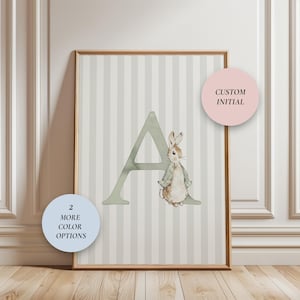 Impresión personalizada de inicial y conejo, impresión de inicial para guardería, monograma personalizado, arte de pared vintage para guardería, sala de juegos para niño y niña, regalo para baby shower