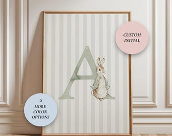 Stampa iniziale e coniglio personalizzata, stampa iniziale per cameretta, monogramma personalizzato, decorazione murale vintage per cameretta, sala giochi per bambini e bambine, regalo per baby shower