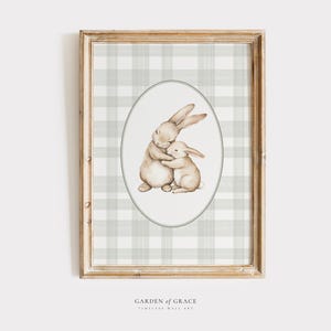 Lindo arte de pared para guardería de conejito / Decoración de habitación infantil con cuadros de pato / Estampado de animales de granja / Póster verde pálido / Ilustración vintage de conejitos