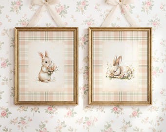 Floral Nursery Wall Art Set of 2, Bunny Girl Room Decor, Woodland Animal Print, Vintage Rabbit Illustration (Digital Download)