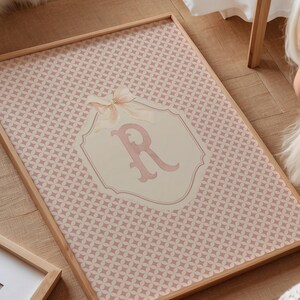 Puede incluir: Una impresi&oacute;n enmarcada con un patr&oacute;n geom&eacute;trico rosa y blanco. La impresi&oacute;n tiene un marco de madera clara y un emblema central con la letra "R" en rosa, adornado con un lazo. La est&eacute;tica general es suave y femenina.