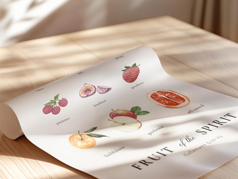 May include: A white poster with the text "FRUIT of the SPIRIT Galatians 5:22-23" and illustrations of fruit representing the nine fruits of the spirit: love, joy, peace, patience, kindness, goodness, faithfulness, gentleness, and self-control.
