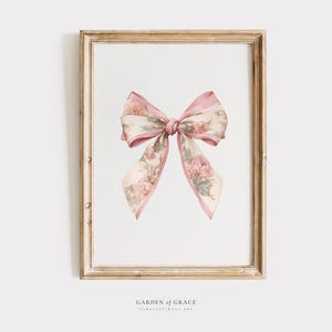 Floral Pink Bow Wall Art Print for Nursery, Farmhouse Girl&#39;s Room Decor, Vintage Preppy Girl Nursery Prints, Flower Cottagecore Baby Gift