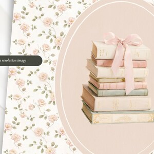 May include: A stack of vintage books in pastel colors, tied with a pink ribbon. The books are in shades of cream, pink, and green, with gold accents. The background features a floral pattern with roses.
