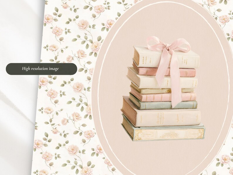 May include: A stack of vintage books in pastel colors, tied with a pink ribbon. The books are in shades of cream, pink, and green, with gold accents. The background features a floral pattern with roses.