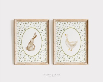 Cute Goose and Bunny Nursery Wall Art Set of 2 | Duck Gingham Kid&#39;s Room Decor | Farm Animal Print | Pale Green, Vintage Rabbit Illustration