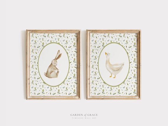 Cute Goose and Bunny Nursery Wall Art Set of 2 | Duck Gingham Kid's Room Decor | Farm Animal Print | Pale Green, Vintage Rabbit Illustration
