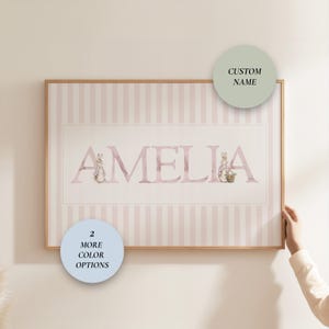 Custom Name Print, Green, Blue and Pink Nursery Baby Name Print, Personalized Gift, Vintage Wall Art, Rabbit Playroom Art | Baby Shower Gift