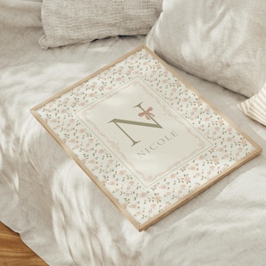 Pu&ograve; includere: Stampa incorniciata con bordo floreale e il nome "Nicole". La stampa ha una cornice in legno chiaro e un disegno centrale con la lettera "N" e un fiocco rosa. Lo sfondo &egrave; di un colore neutro.
