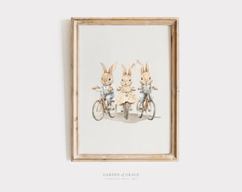 Konijntjes op een fiets kinderkamer kunst aan de muur | Neutrale kinderkamerdecoratie | Antieke fietsposter konijn | Afdrukbare vintage peuterillustratie