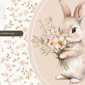 K&ouml;nnte beinhalten: Aquarellillustration eines Hasen, der einen Strau&szlig; rosa und wei&szlig;er Blumen h&auml;lt. Der Hase ist hellbraun mit dunkelbraunen Augen und rosa Akzenten. Der Hintergrund zeigt ein Blumenmuster mit Rosen und den Text "High resolution image".