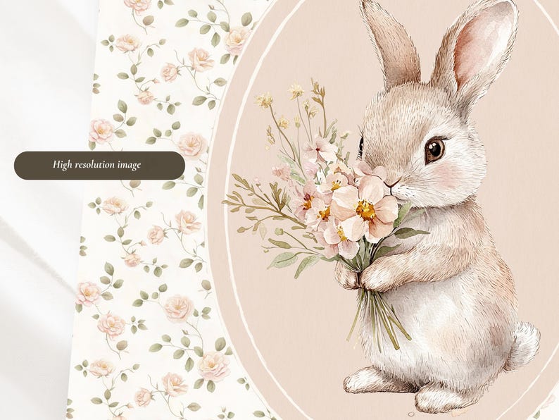 K&ouml;nnte beinhalten: Aquarellillustration eines Hasen, der einen Strau&szlig; rosa und wei&szlig;er Blumen h&auml;lt. Der Hase ist hellbraun mit dunkelbraunen Augen und rosa Akzenten. Der Hintergrund zeigt ein Blumenmuster mit Rosen und den Text "High resolution image".