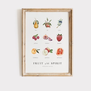 May include: A printable wall art poster with a white background and a wooden frame. The poster features a watercolour illustration of nine fruits, each representing a fruit of the spirit: love, joy, peace, patience, kindness, goodness, faithfulness, gentleness, and self-control. The text "FRUIT of the SPIRIT Galatians 5:22-23" is printed below the fruits.