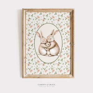 Art mural mignon pour maman, papa et bébé lapin | Décoration pour chambre d'enfant Rabbit Family | Imprimé animal de la ferme | Poster floral vert et rose vintage