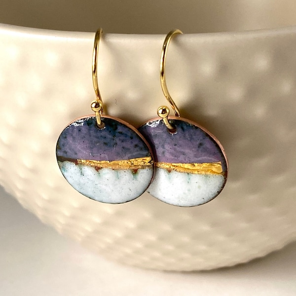 Round enamel earrings - little landscapes in lilac purple