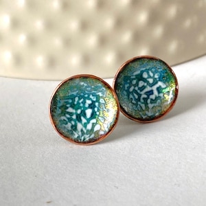 Green bronze Enamel stud earrings.  Round enamel earrings. Copper and silver studs.  Small circular dot earrings.