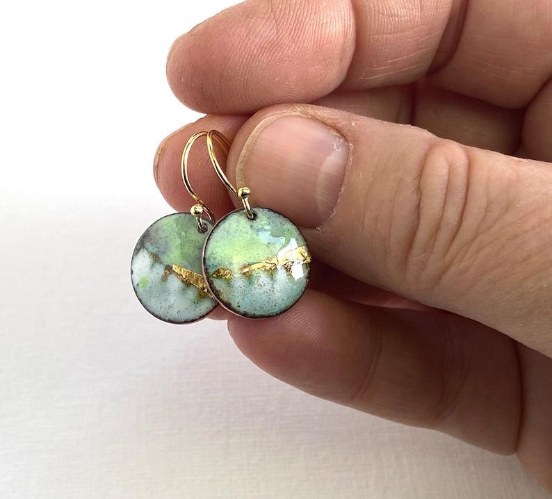 Round enamel earrings little landscapes in turquoise blue with gold. Special gift for her image 8