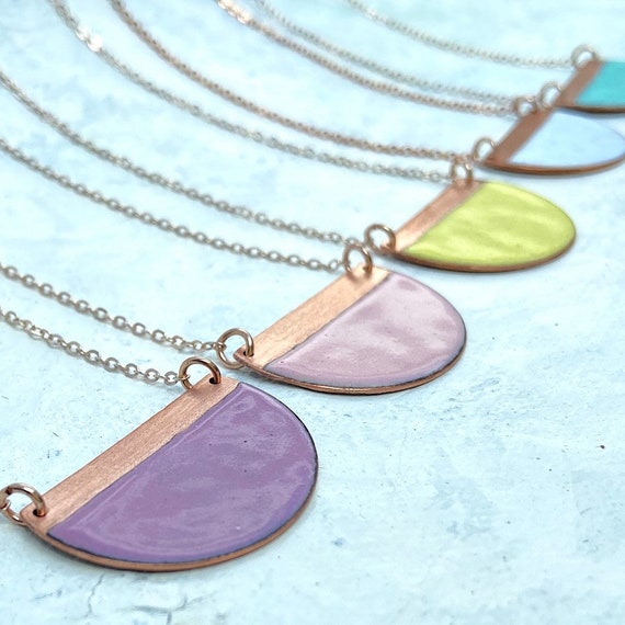 Pastel enamel half moon necklace - Geometric enamel and copper necklace on rose gold plated chain.