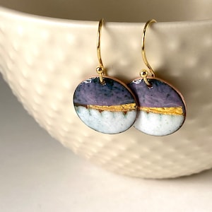 Round enamel earrings little landscapes in turquoise blue with gold. Special gift for her image 9