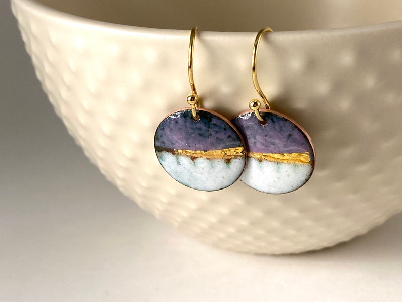 Round enamel earrings little landscapes in turquoise blue with gold. Special gift for her image 9