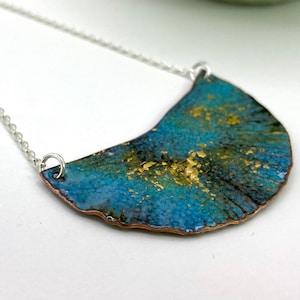 Statement half moon enamel textured necklace in blue turquoise and teal with 24ct gold leaf