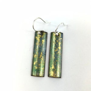 Green bronze and gold rectangle drop earrings.  Copper and enamel geomtric earrings.