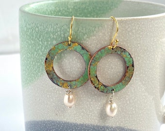 Green textured copper enamel earrings in watery blue green gold with cultured pearl
