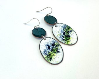 Enamel emerald green geometric earrings contrasting blue and white