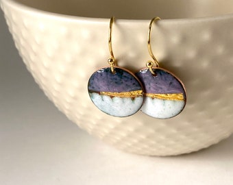 Purple round enamel drop earrings with landscape design