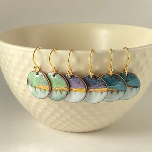 Round enamel earrings - little landscapes in turquoise blue with gold.  Special gift for her