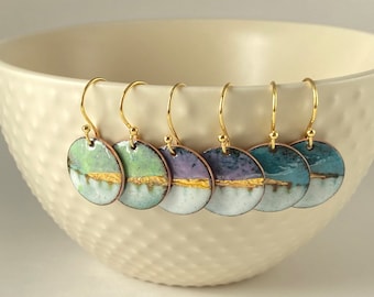 Round enamel earrings - little landscapes in turquoise blue with gold.  Special gift for her