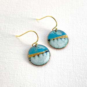 Round enamel earrings little landscapes in turquoise blue with gold. Special gift for her image 2
