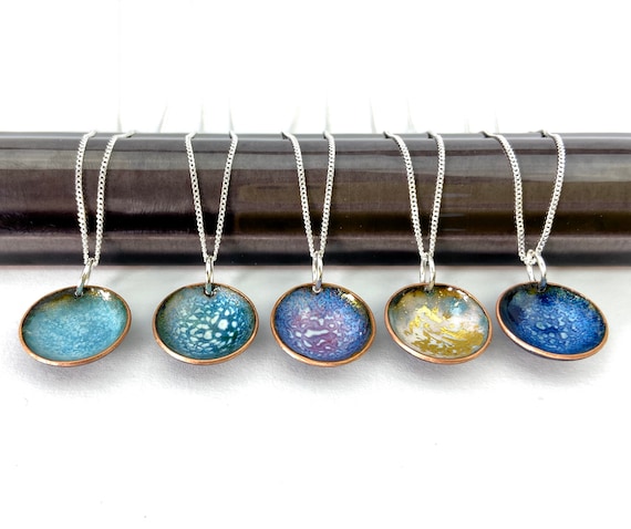 Enamel bowl pendant. Turquoise disc jewellery. Copper and enamel silver necklace. Special gift